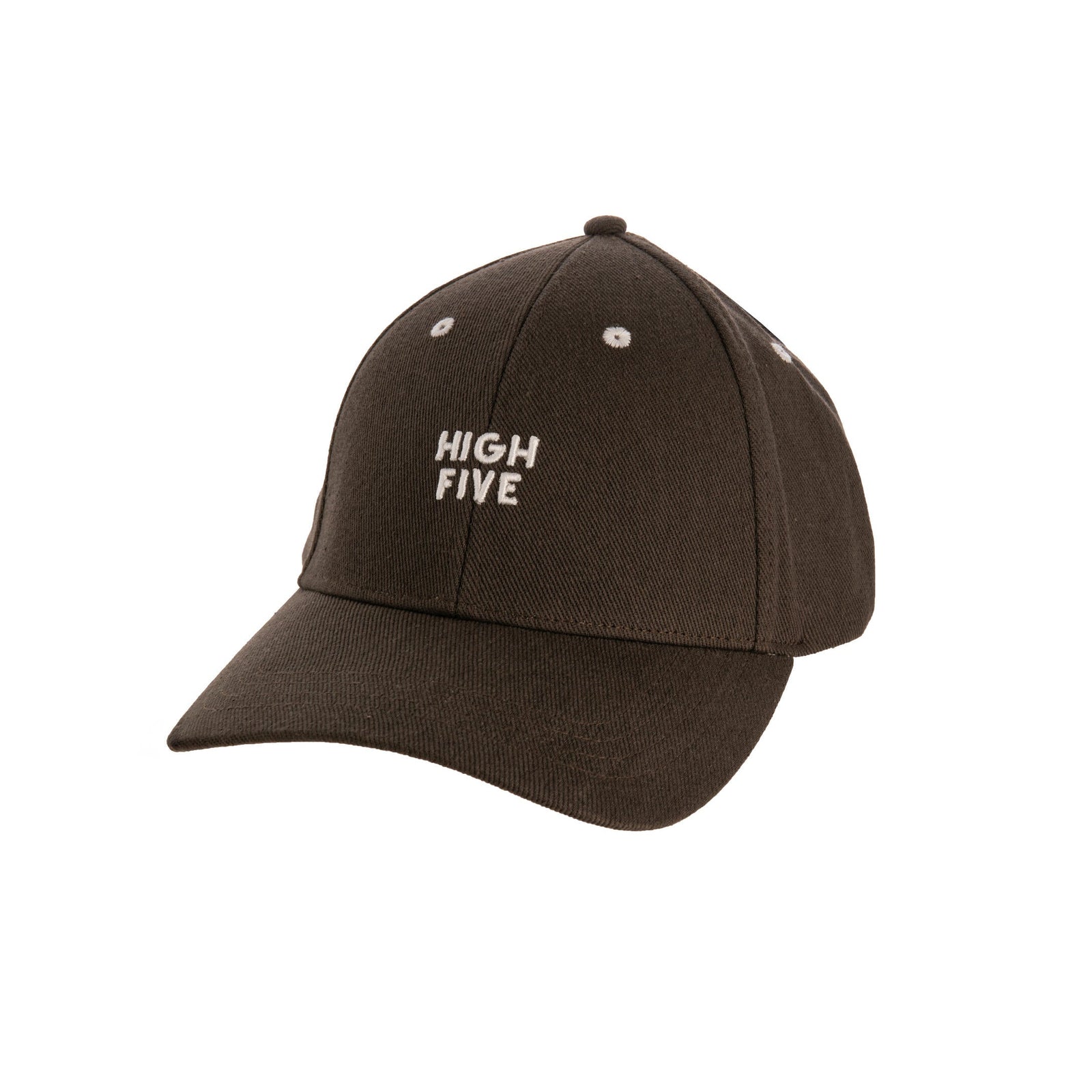 Brown cap with 'HIGH FIVE' text on a white background