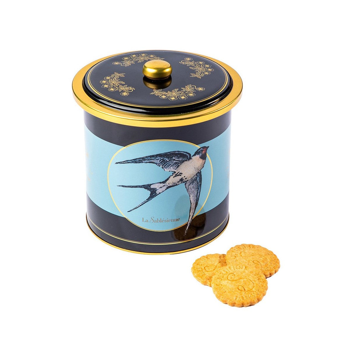 Treat yourself or a loved on to these gourmet French shortbread cookies, delightfully packaged in a vintage-style cookie tin! This keepsake metal tin features a swallow design on a deep navy background with gold metallic accents. It contains 8oz of delicious plain and salted butter caramel shortbread cookies, the perfect morning coffee or teatime treat. 