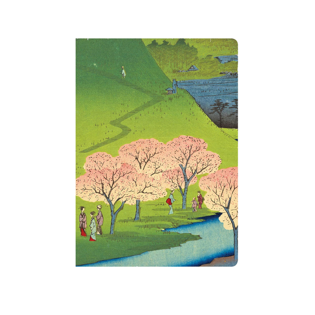 Notebook with a scenic design of cherry blossom trees and people in a park on a green background