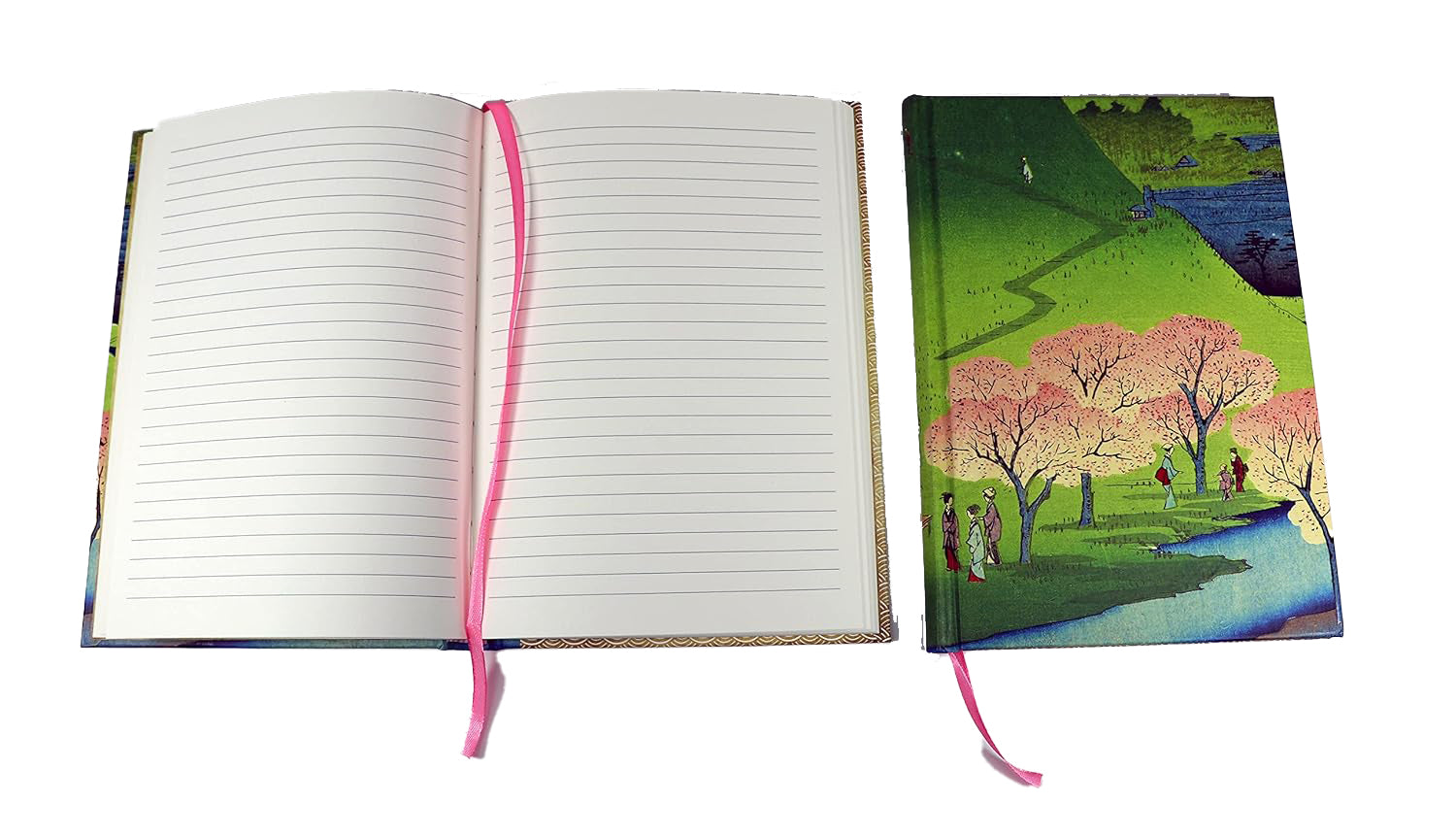 Notebook with a scenic design of cherry blossom trees and people in a park on a green background