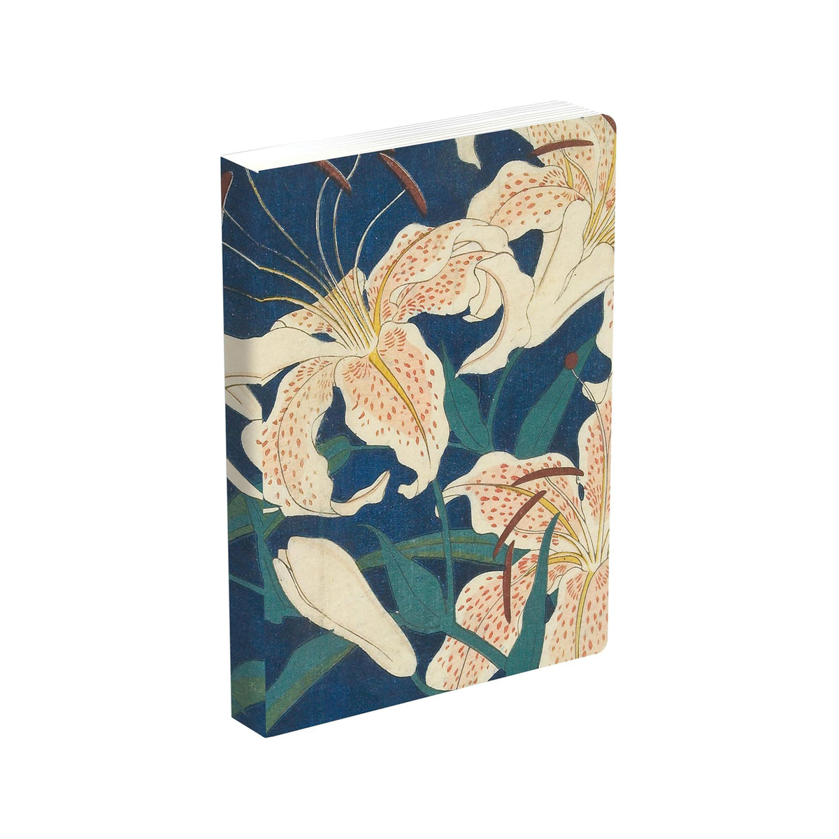 Notebook journal with a design of white lily flowers on a dark blue background.
