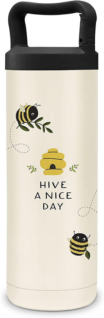 This practical and fun water bottle features a super cute bee and hive design with a handle which is also a secure, handy clip! Clip onto your backpack, handbag, lunch bag and more.  20 oz 4"W x 10"H Double walled vacuum insulated. Keeps cold drinks cold, and hot drinks hot. Fits in a standard cup-holder.