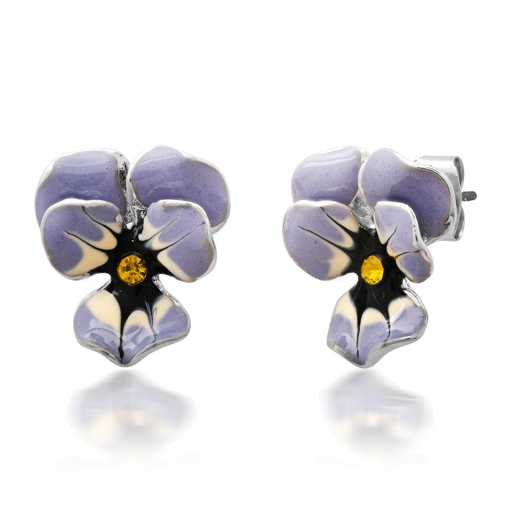 Add a pop of spring charm with these lilac hued pansy earrings. These studs feature lustrous enamel petals and a sparkling center. These earrings are a cheerful addition to any collection and a great gift for that special someone. Materials: titanium, enamel, crystal Dimensions: 0.5" x 0.5" Post fastening