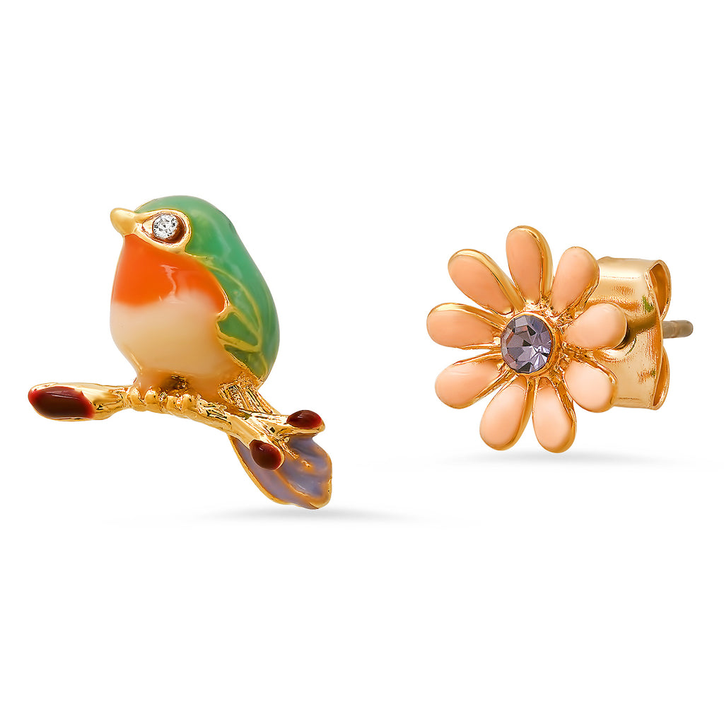 These charming earrings capture the joy of spring. One stud blooms with an enamel-covered flower, centered with a sparkling crystal stone, while its partner captures the essence of a colorful bird perched on a branch. Materials: Titanium, enamel, crystal stone Dimensions: Flower, 0.26" diameter, Bird, 0.5" x 0.25".