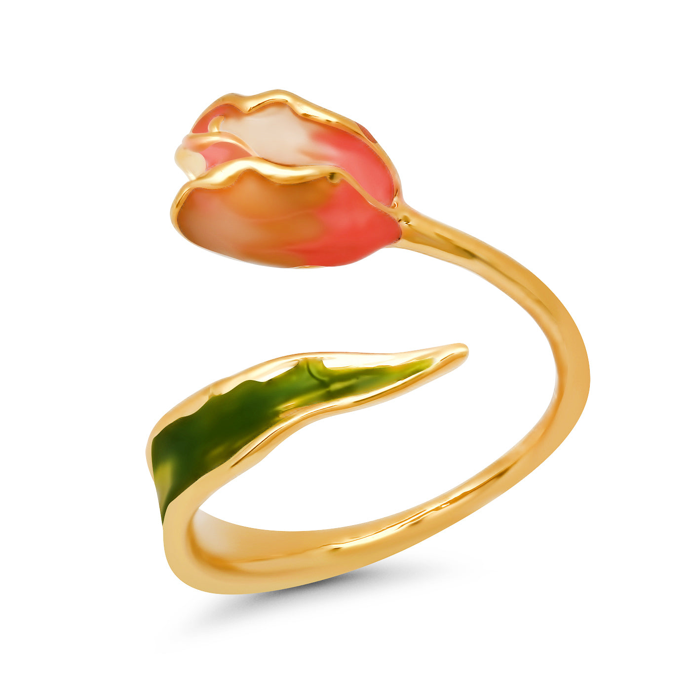 Celebrate spring with this delightful Tulip Open Ring'. This is a pretty art piece inspired by the blooming flower, complete with colorful, glossy enamel. The open design allows for a comfortable and adjustable fit. Materials: Brass, enamel Dimensions: One size, adjustable.