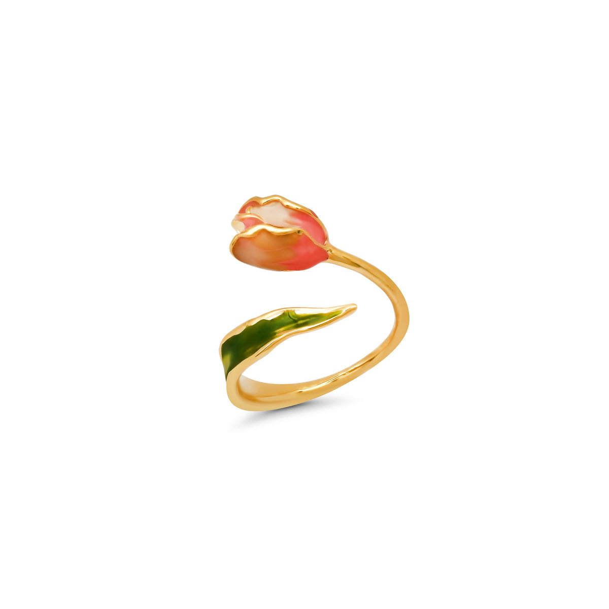 Gold ring with a tulip design on a white background