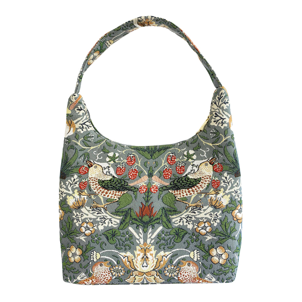 A sumptuous handbag design that is instantly recognizable as the work of William Morris. Featuring the iconic Strawberry Thief, taken from an original tapestry piece which Morris created in the 19th century. This 'Hobo' shape is great for work, school or a shopping trip. Dimensions approx: 13" x 13" x 5". 