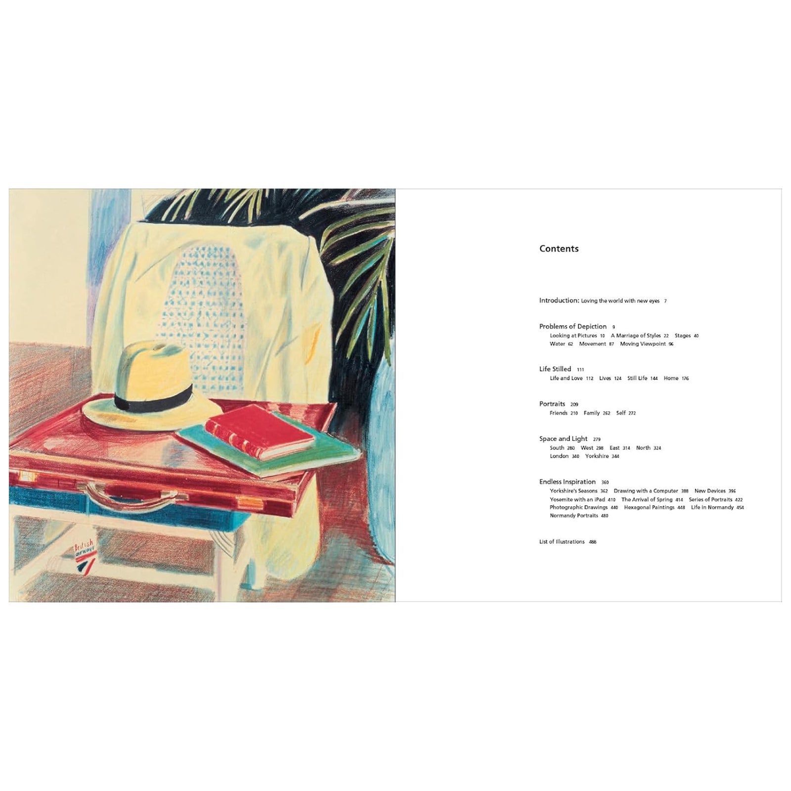 Book cover of 'Hockney's Pictures' with colorful landscape illustration.