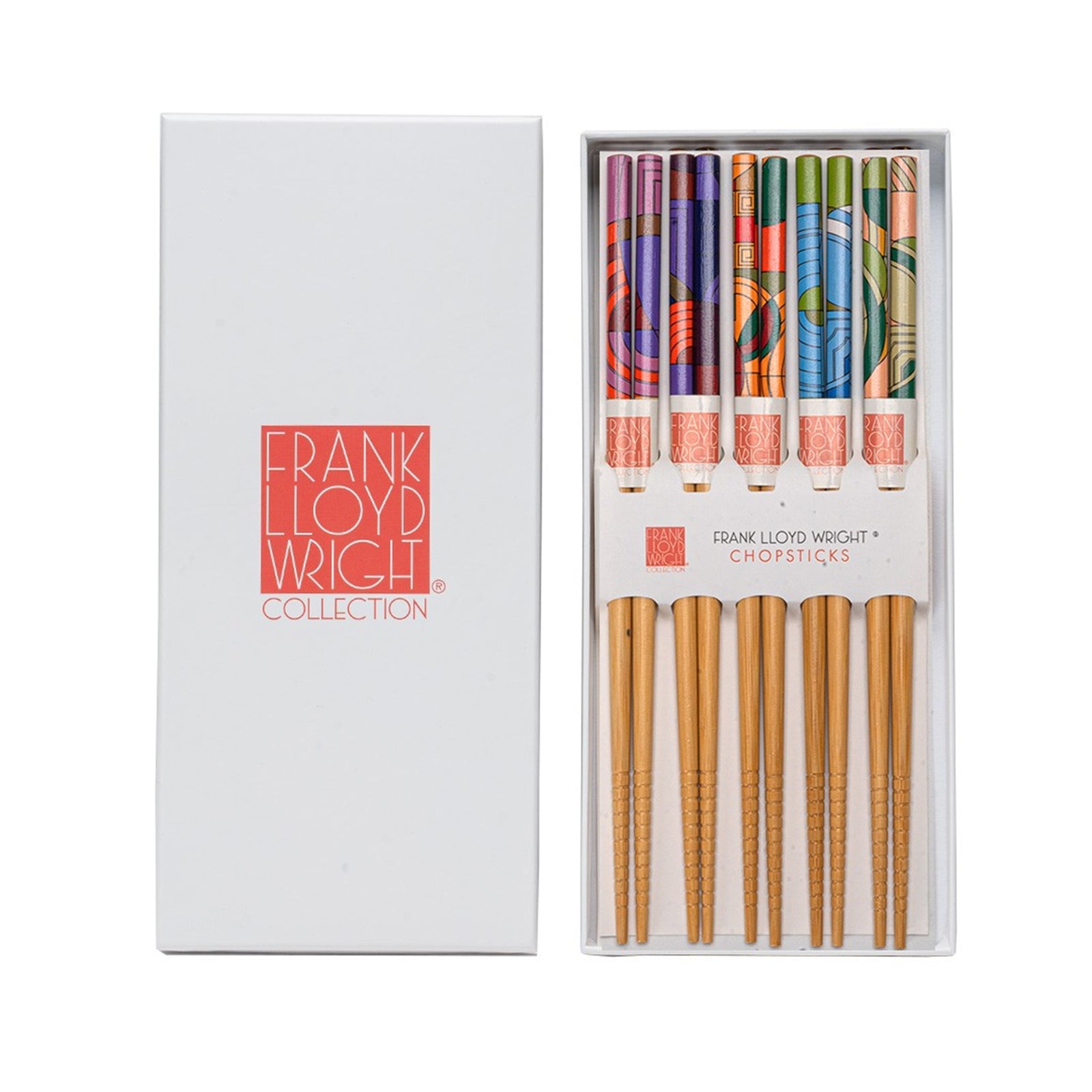 Set of chopsticks with colorful handles in a Frank Lloyd Wright Collection box.