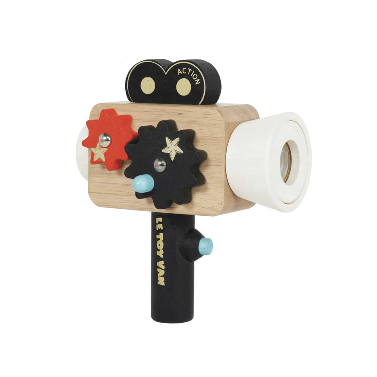 Toy camera with wooden body, colorful lens, and Le Toy Van branding on a white background