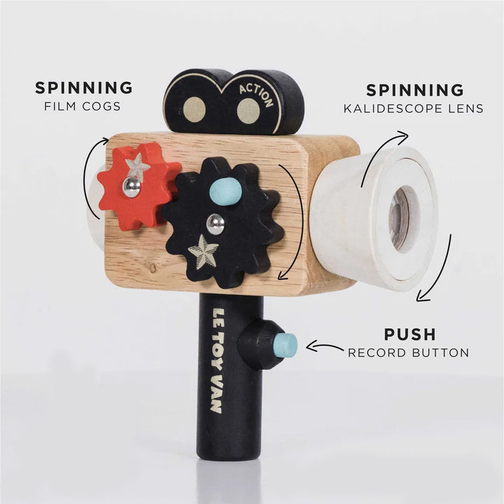 Lights, camera, action! Hollywood is calling for budding young actors or film directors with this dazzling wooden toy film camera. Let little imaginations run wild as they find their inner movie star with this stimulating wooden toy an ideal way to encourage language and social development skills. 5" x 3" x 5.5"