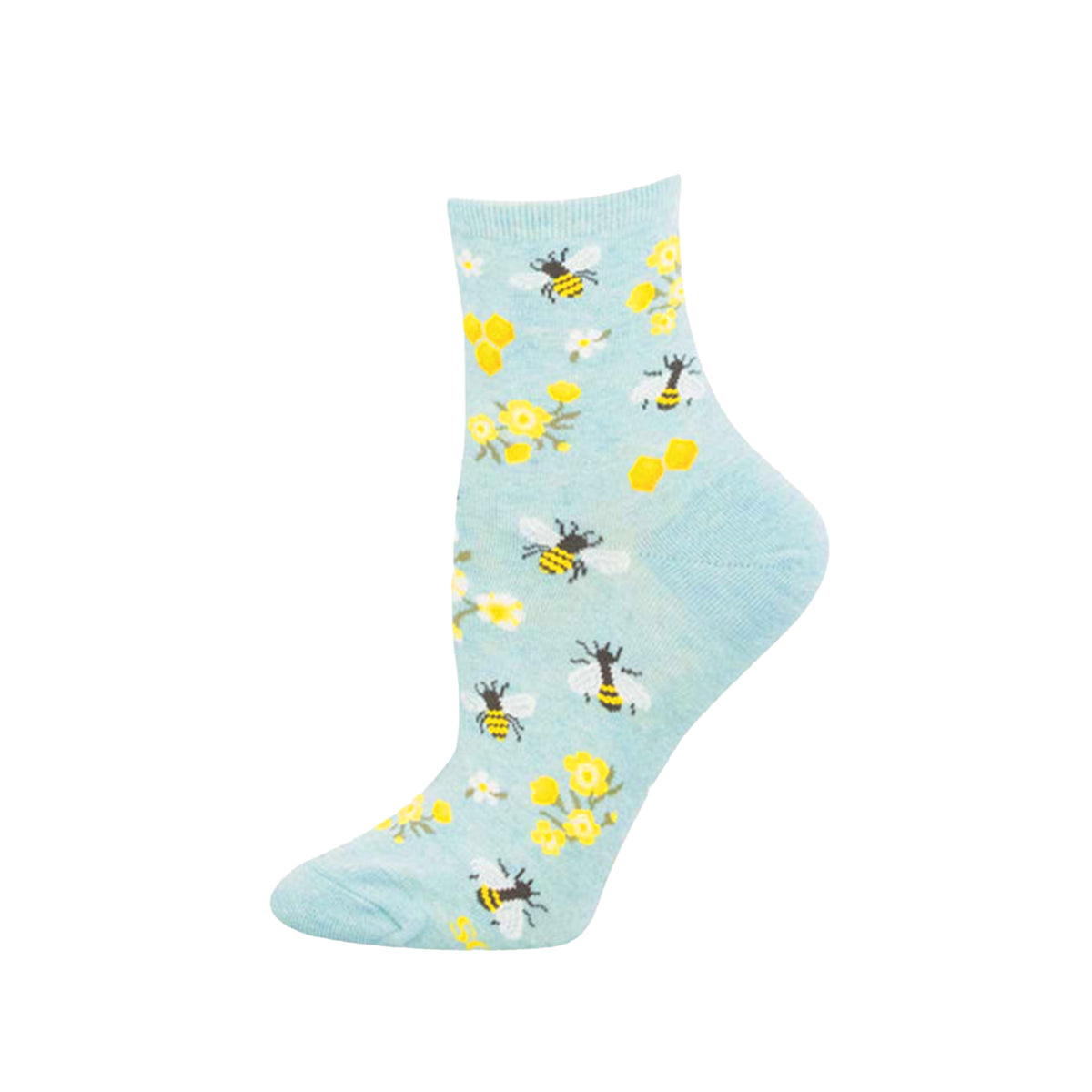 Pale blue crew socks with a pattern of honeybees and yellow florals, on a white background. 