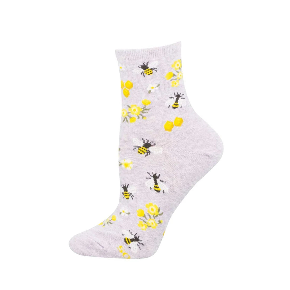 Pale lilac crew socks with a pattern of honeybees and yellow florals, on a white background. 