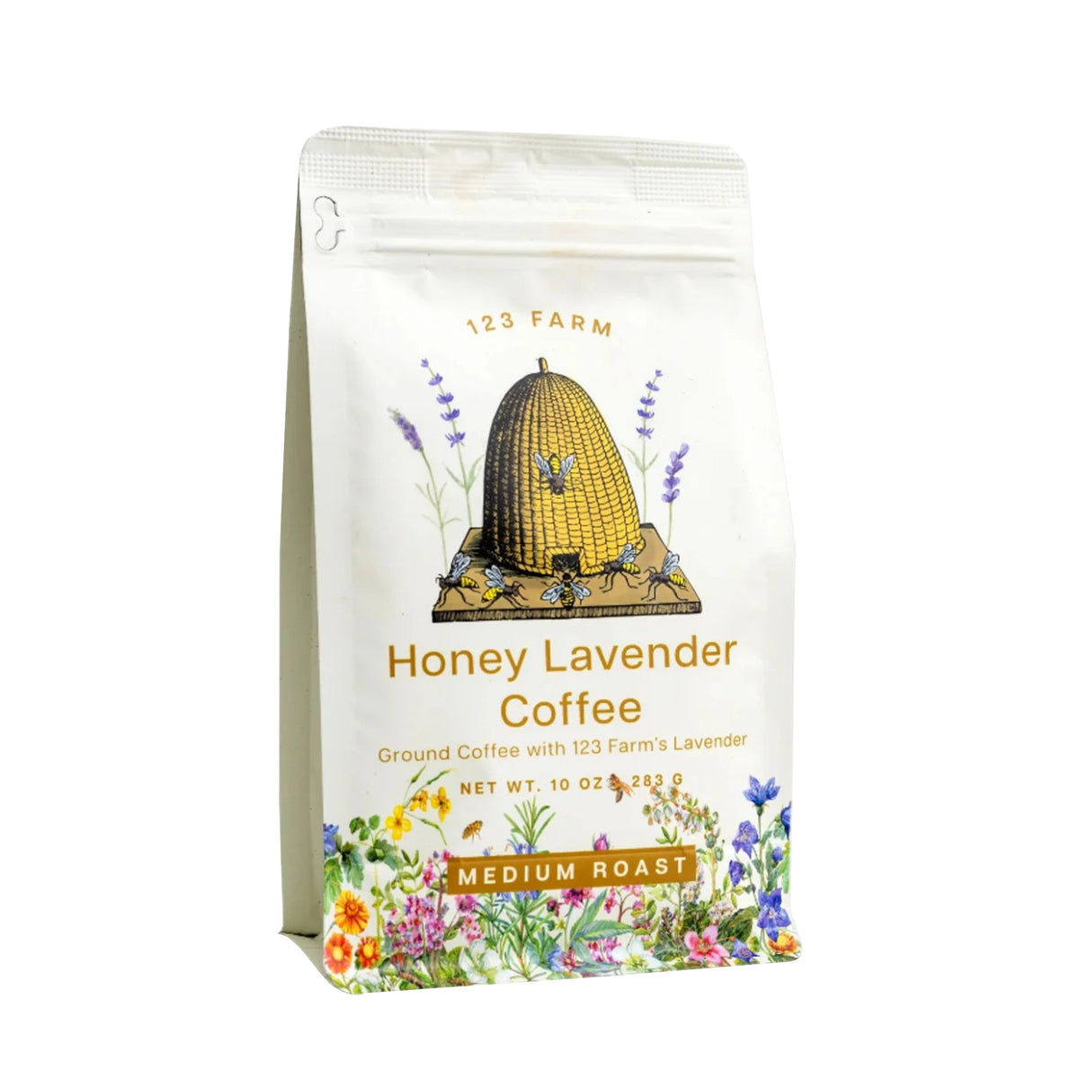 Coffee bag labeled 'Honey Lavender Coffee' from 123 Farm on a white background