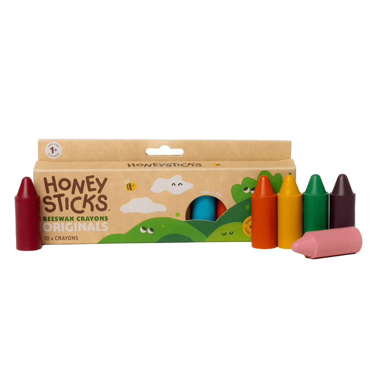 Honey Sticks Beewax Crayons Originals set of 10 crayons in a natural kraft paper box, with several crayons displayed in front showing their colorful tips.