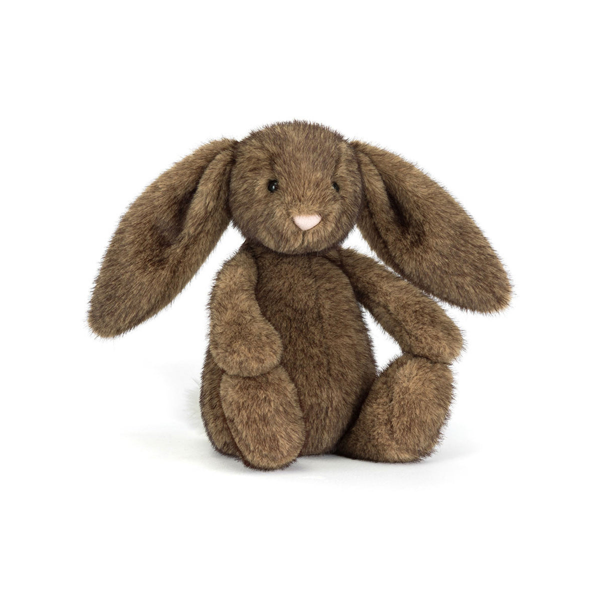 A brown plush stuffed Jellycat Hoppleston bunny toy with long floppy ears, small dark eyes, and a pale pink nose, photographed on a clean white background.