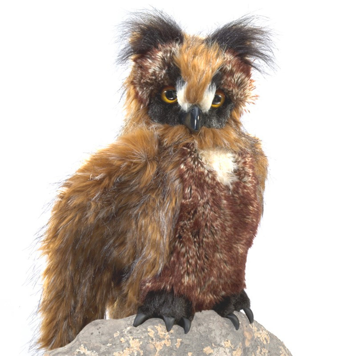 Horned owl hand puppet on a white background