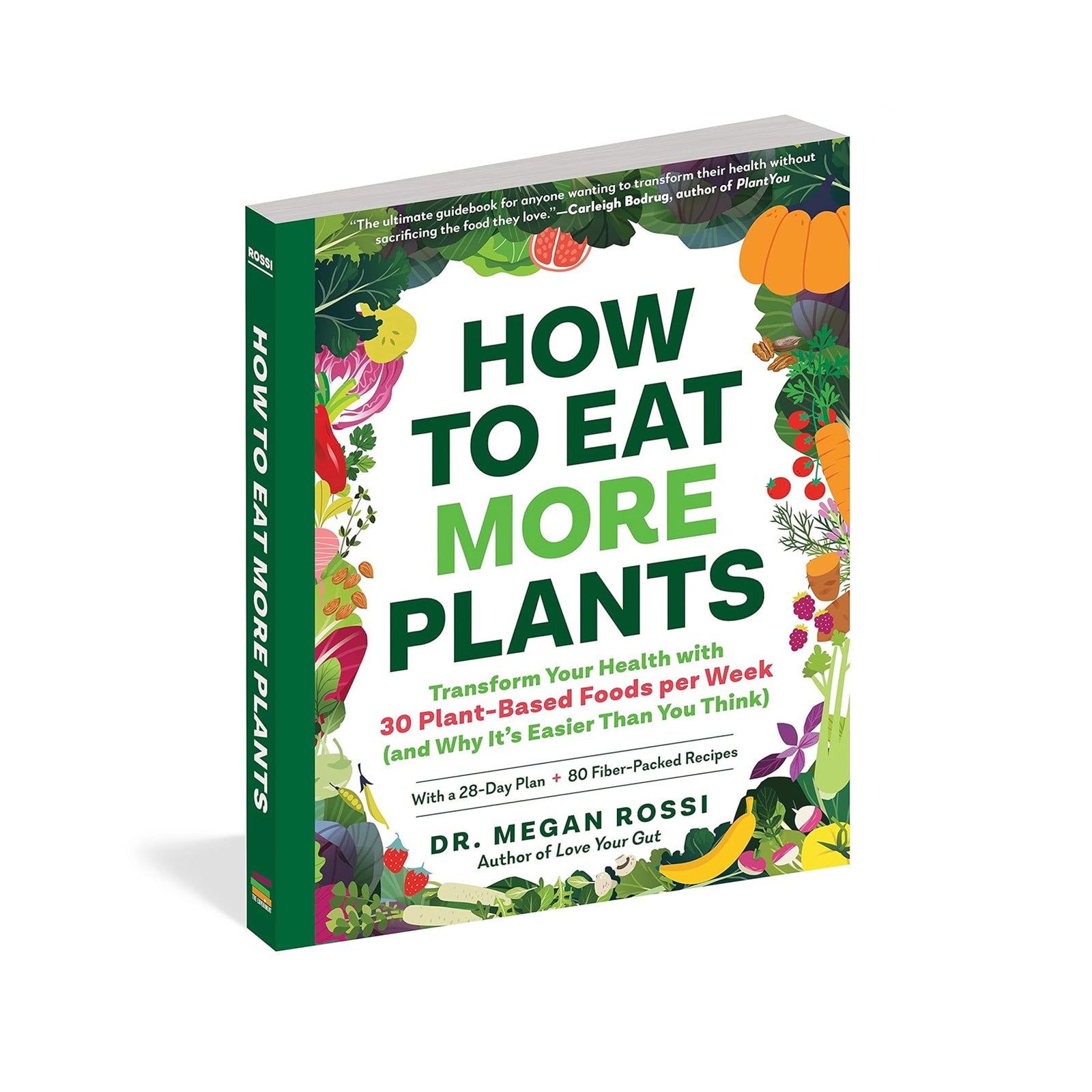 Book titled 'How to Eat More Plants' with colorful cover design on a white background