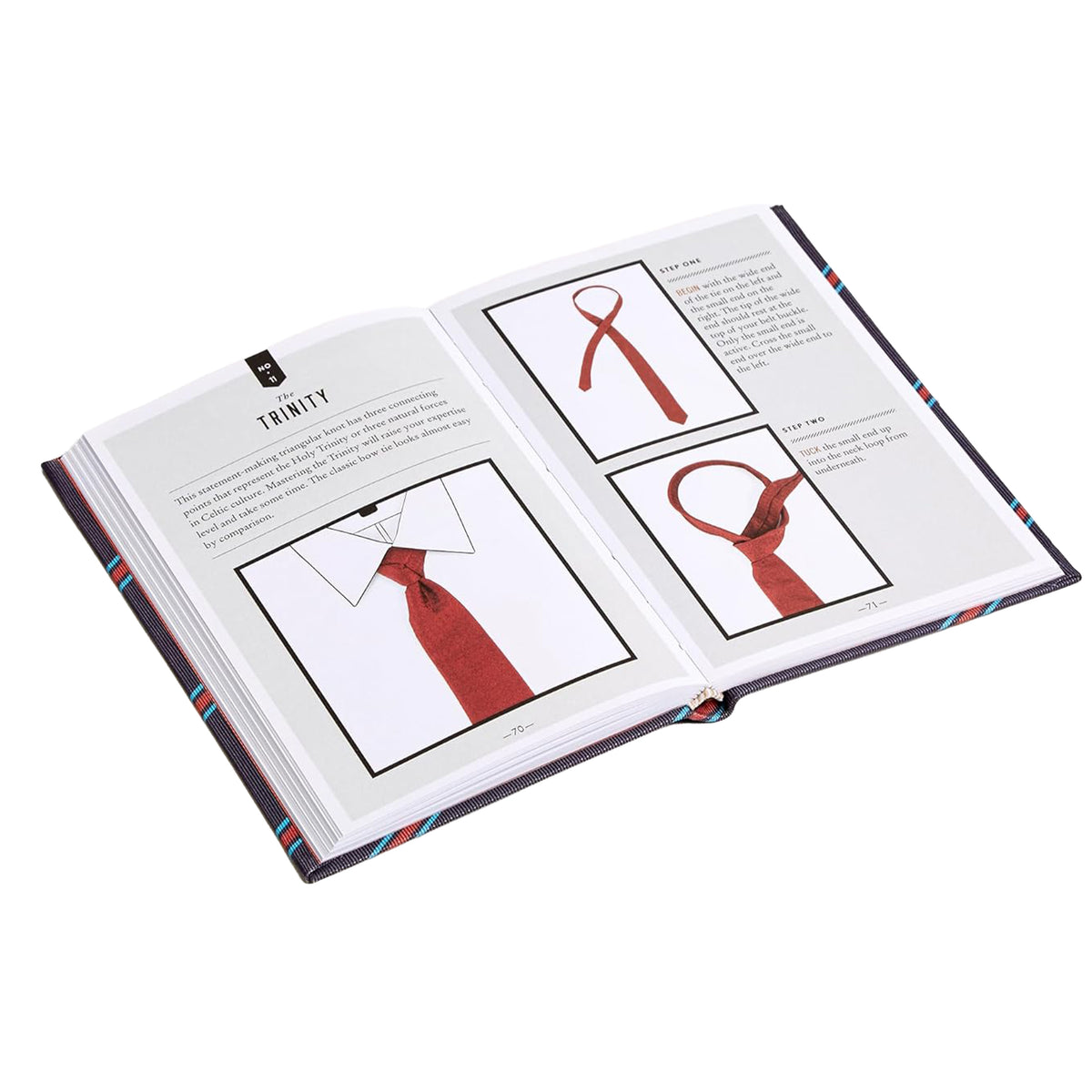 Open book showing illustrations of a red tie and text on a white background