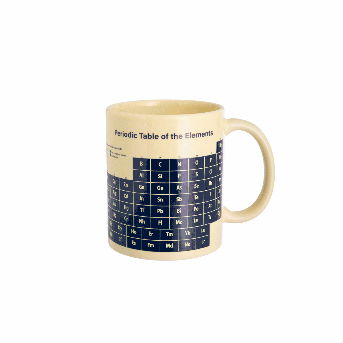 GIF of a heat-reveal mug decorated with the periodic table of the elements on a white background