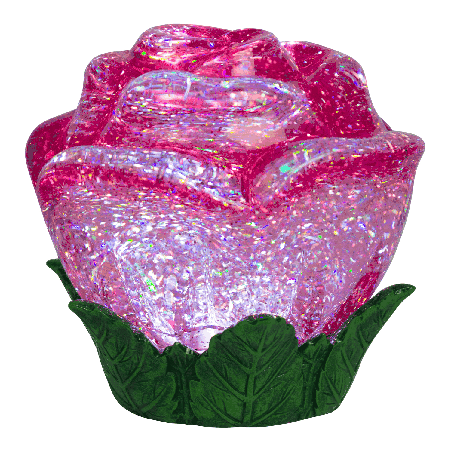 Red rose-shaped LED light with green base on a white background