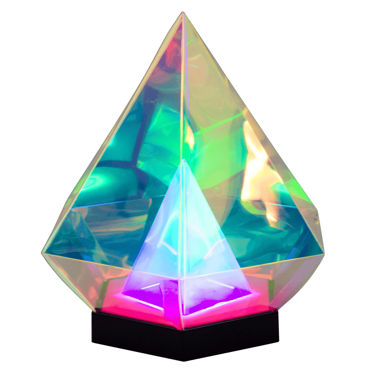 GIF showing a diamond shaped iridescent light flashing on and off on a white background. 