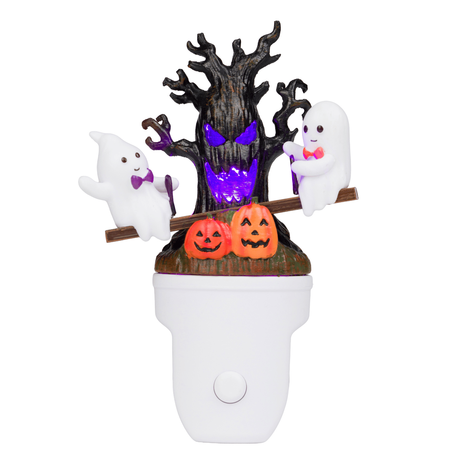 Moving GIF of a plug-in nightlight featuring two ghosts on a seesaw with a spooky light-up tree behind them, on a white background.