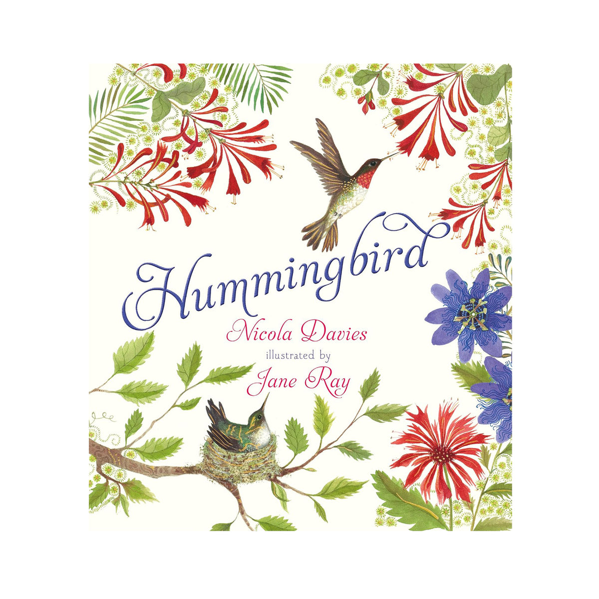 Book cover of 'Hummingbird' with illustrations of hummingbirds and flowers on a white background