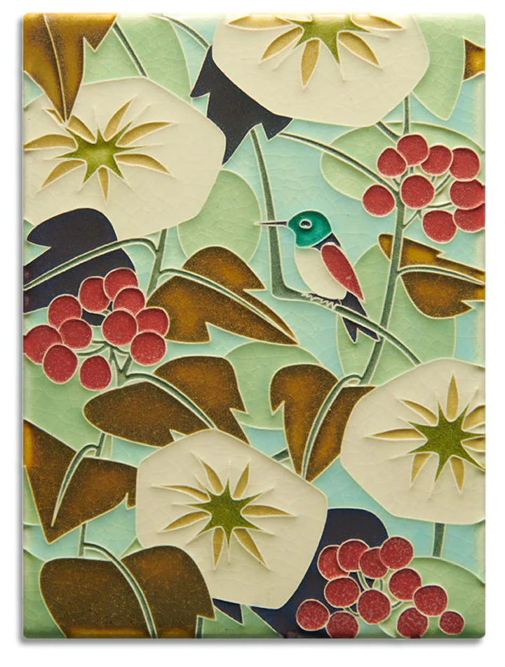 Motawi collaborated with illustrator Cary Phillips on this vivid Hummingbird design. Phillips' work has been used in children's books, greeting cards, and even on fabrics. As each Motawi tile is crafted by hand, dimensions may vary by up to 1/16". Tiles are 5/8" thick and have a notch at the back for hanging. 