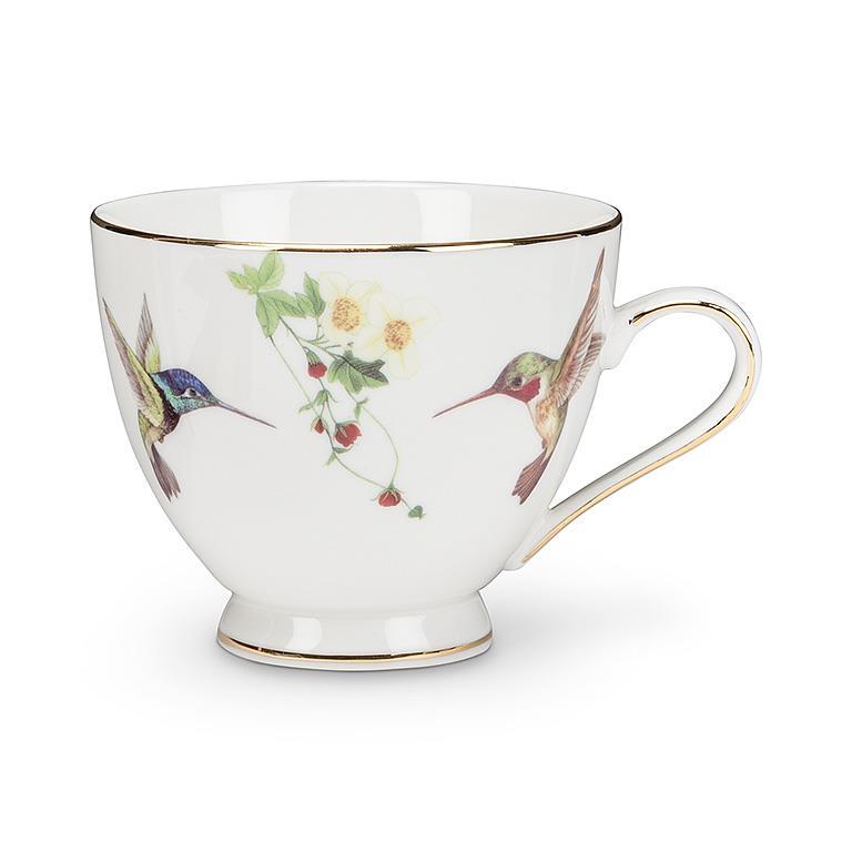 A bone china cup and saucer set with a floral and hummingbird motif, accented with gold trim.
