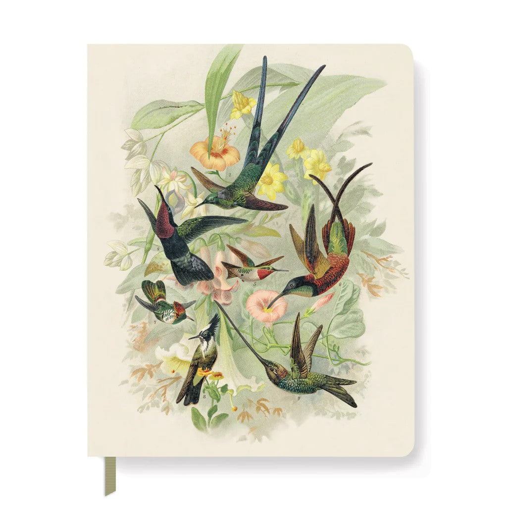 This large journal features a vintage hummingbird image, which was reproduced from an original late 19th century artwork. The journal has 208 lined pages, a flexible cover and olive green grosgrain ribbon bookmark. 208 page lined journal. Produced responsibly with FSC paper. Dimensions: 9.5" x 7.5".