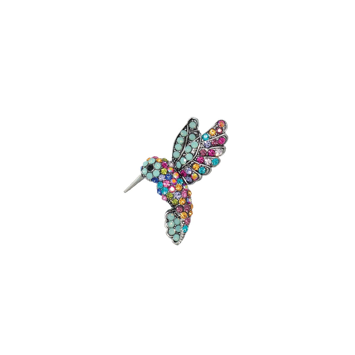 Multicolored crystal- jeweled hummingbird-shaped brooch on a white background