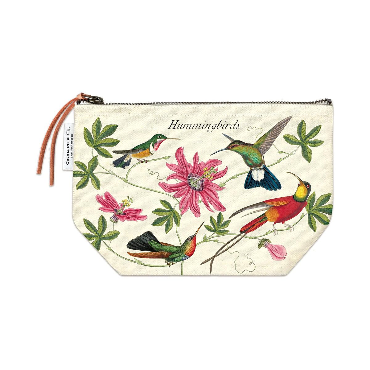 Pouch with hummingbird and floral design on a white background
