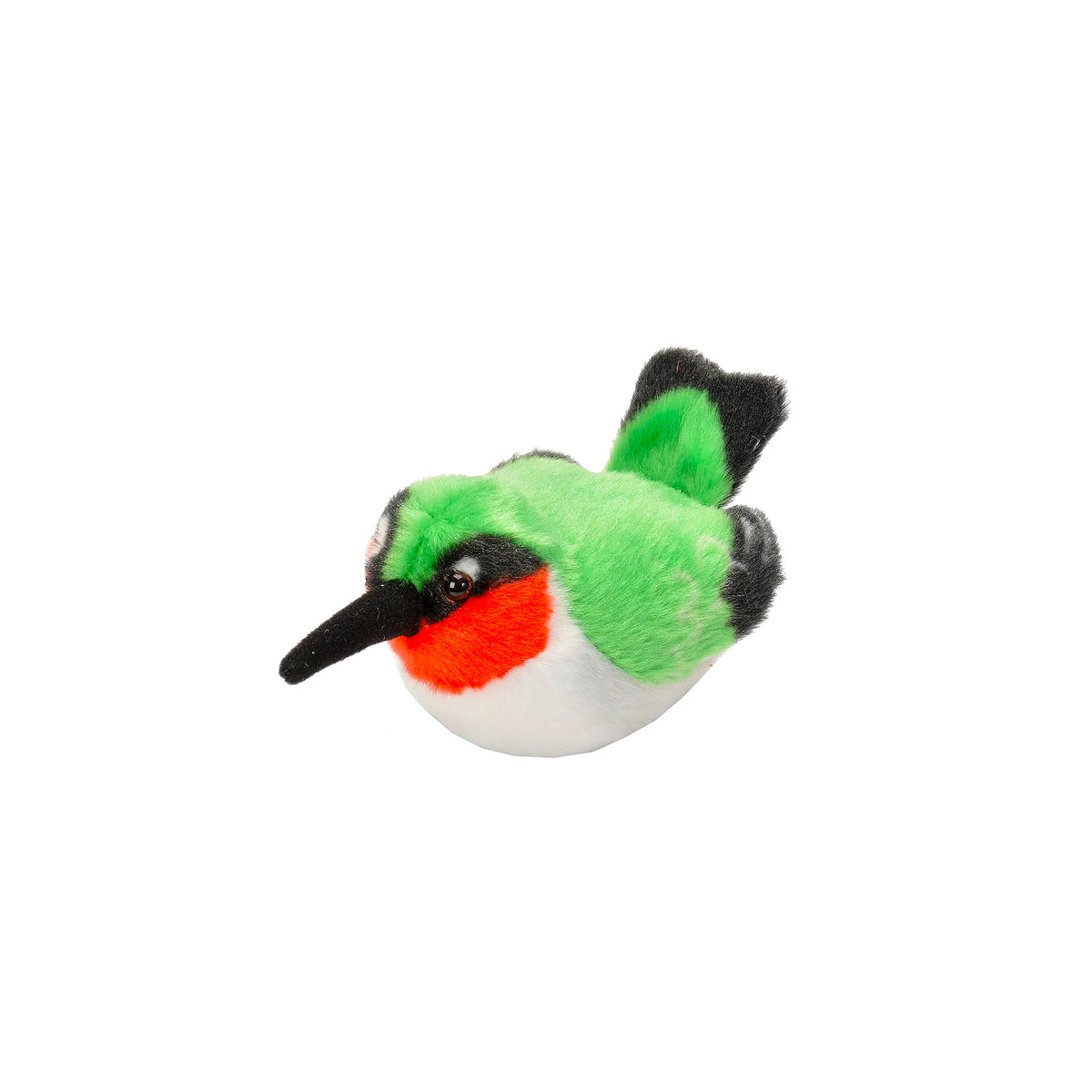Plush hummingbird toy with green body, black beak, and red chest on a white background