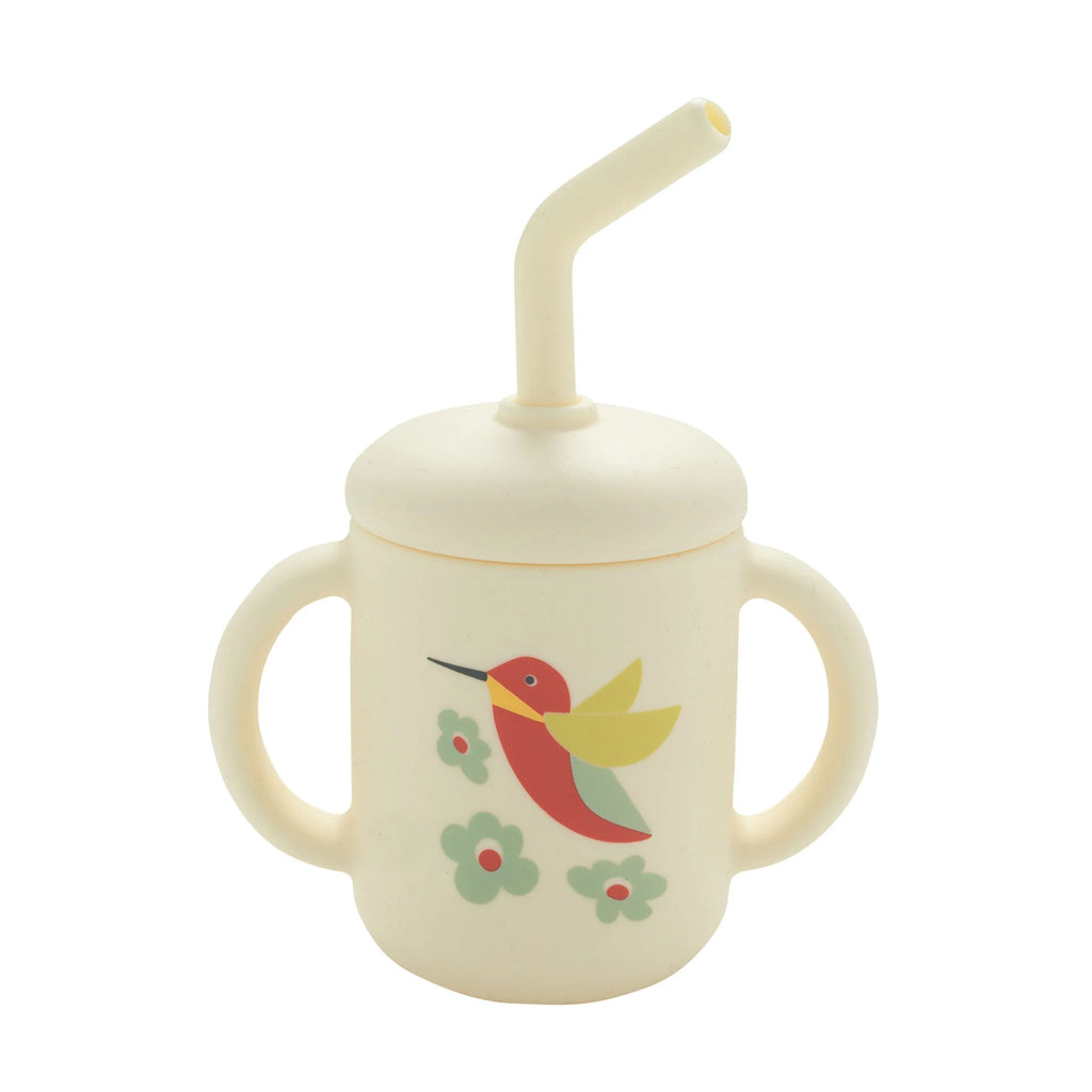 This sweet hummingbird sippy cup features a cute little hummingbird flying in a field of flowers. Made from soft, comfortable silicone, making it easy to hold and drink from. The lid is removable so that the cup can continue to be used once your little one wants to use a more 'grown up' cup. 2.25" x 3.50". 6 fl oz.