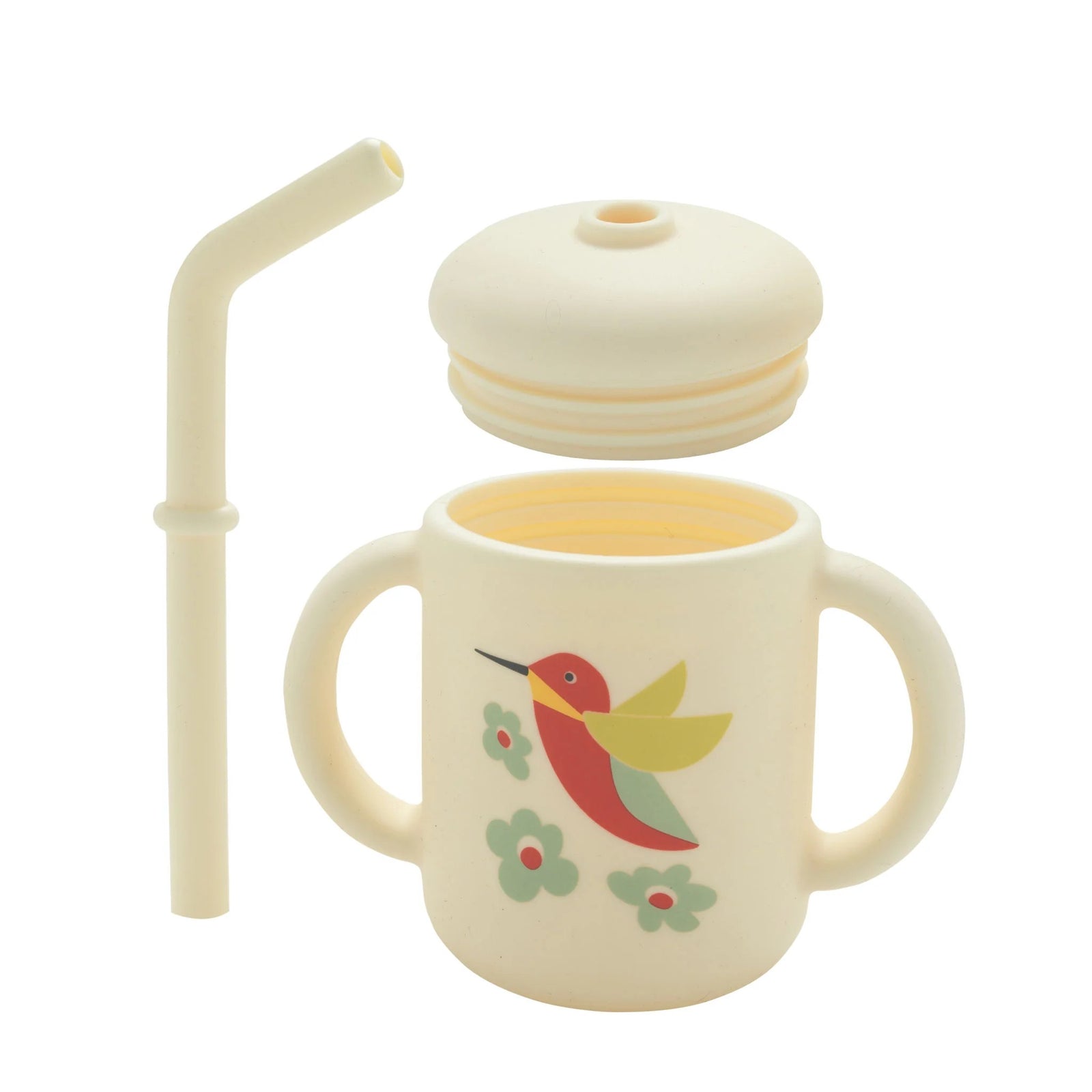 This sweet hummingbird sippy cup features a cute little hummingbird flying in a field of flowers. Made from soft, comfortable silicone, making it easy to hold and drink from. The lid is removable so that the cup can continue to be used once your little one wants to use a more 'grown up' cup. 2.25" x 3.50". 6 fl oz.