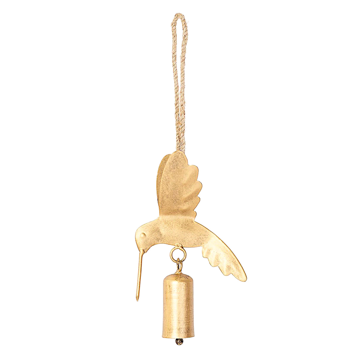 Gold hummingbird-shaped wind chime hanging on a white background