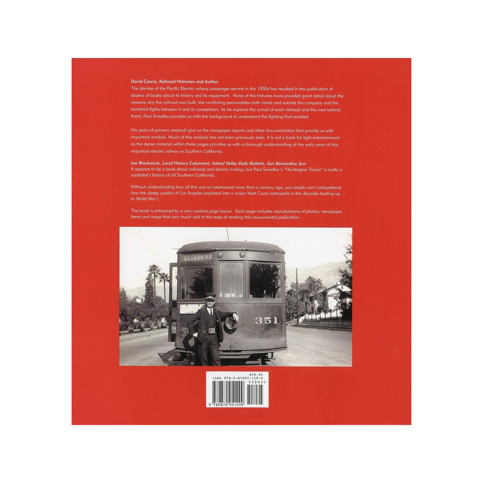 Book cover of 'Huntington Tracks' with a red background and black and white photo of a street scene.