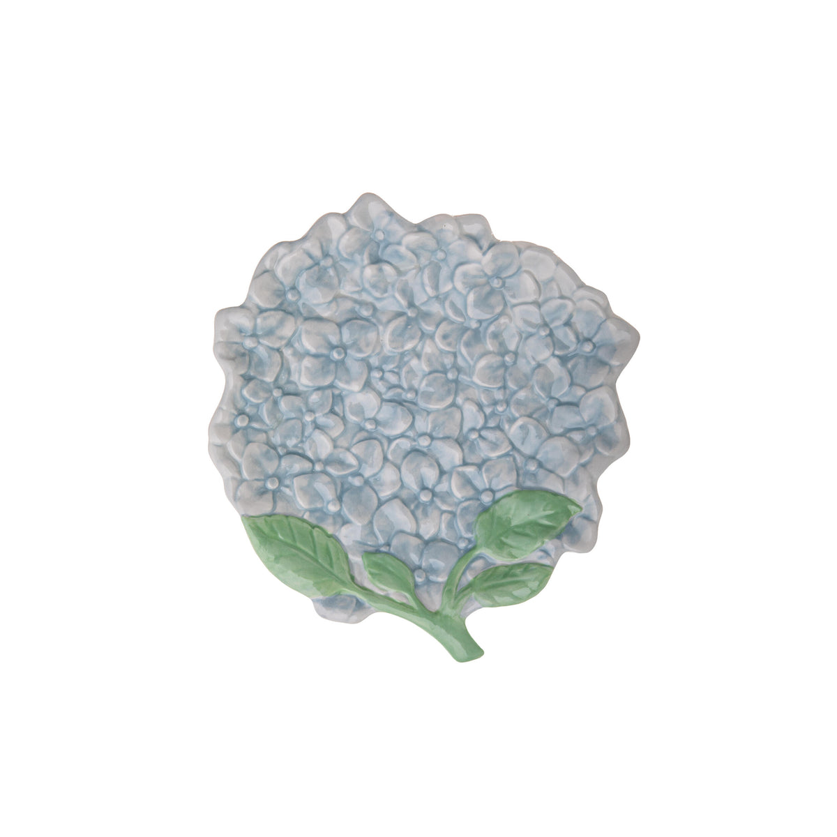 Decorative dish shaped like a blue Hydrangea flower with green leaves on a white background