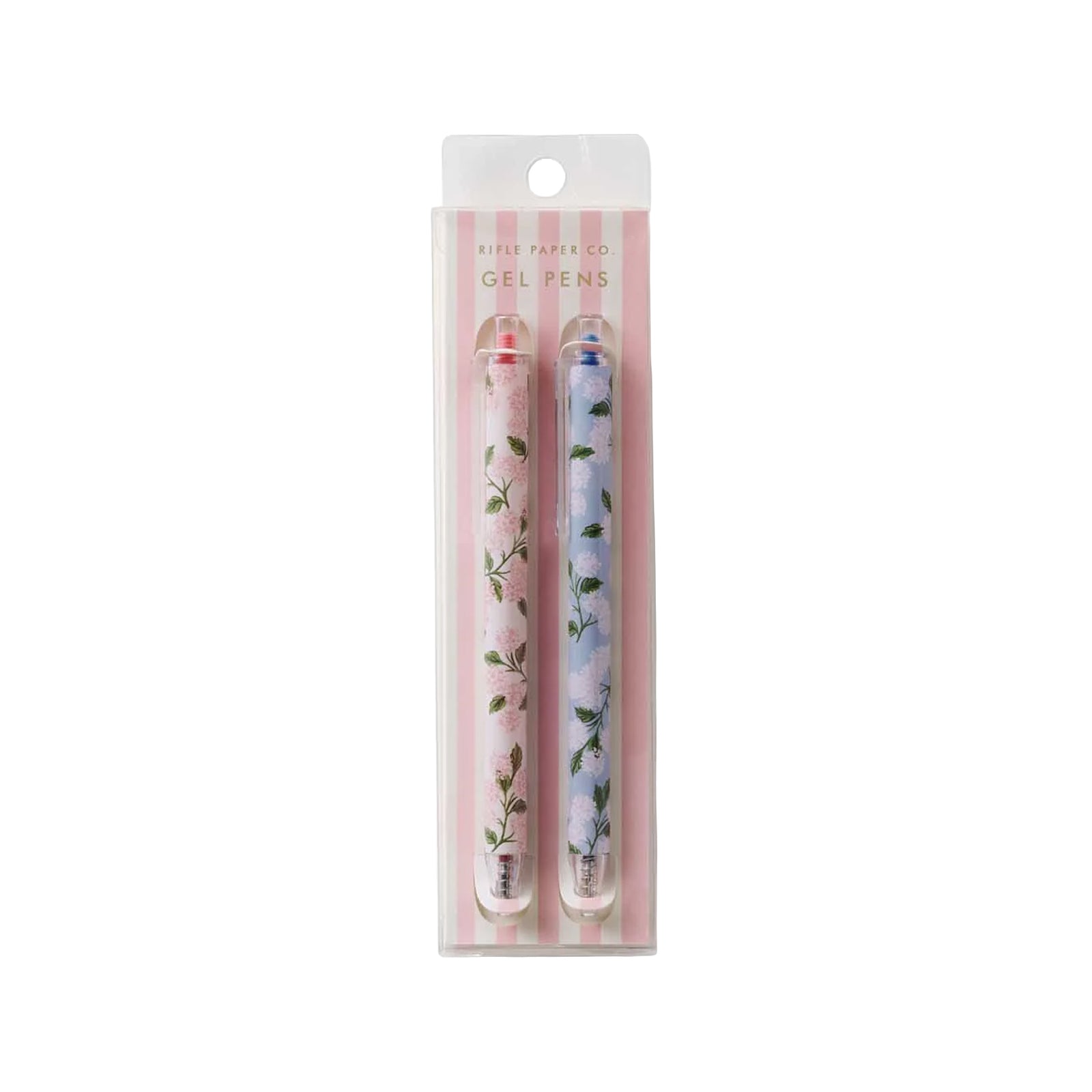 Two hydrangea floral-patterned gel pens in packaging on a white background