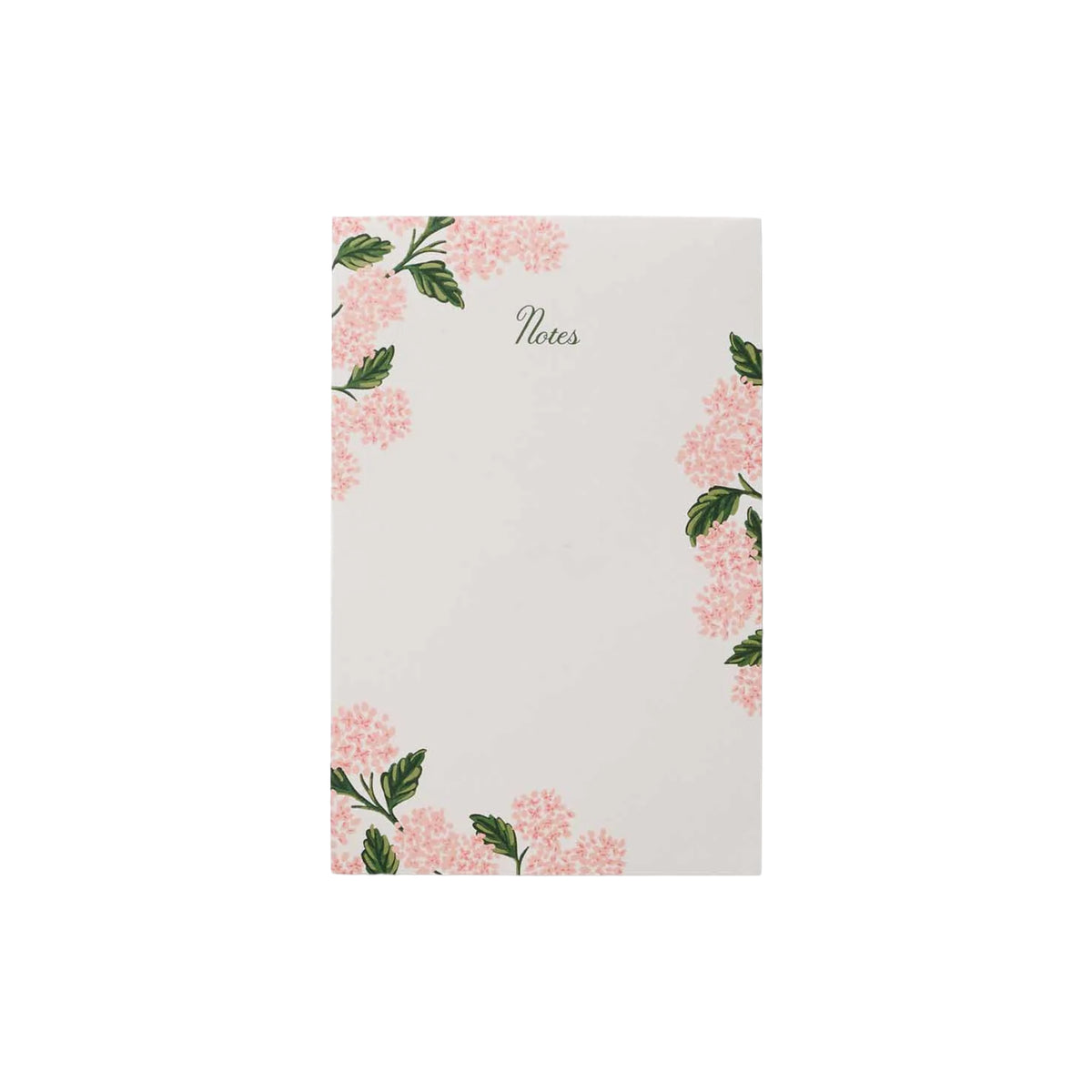 Notepad with pink hydrangea floral design on a white background