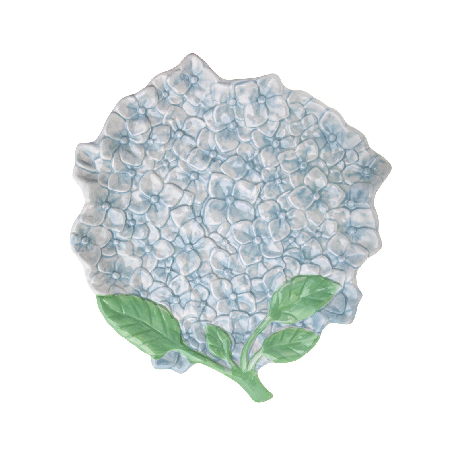 Blue and green Hydrangea-shaped serving plate on a white background.