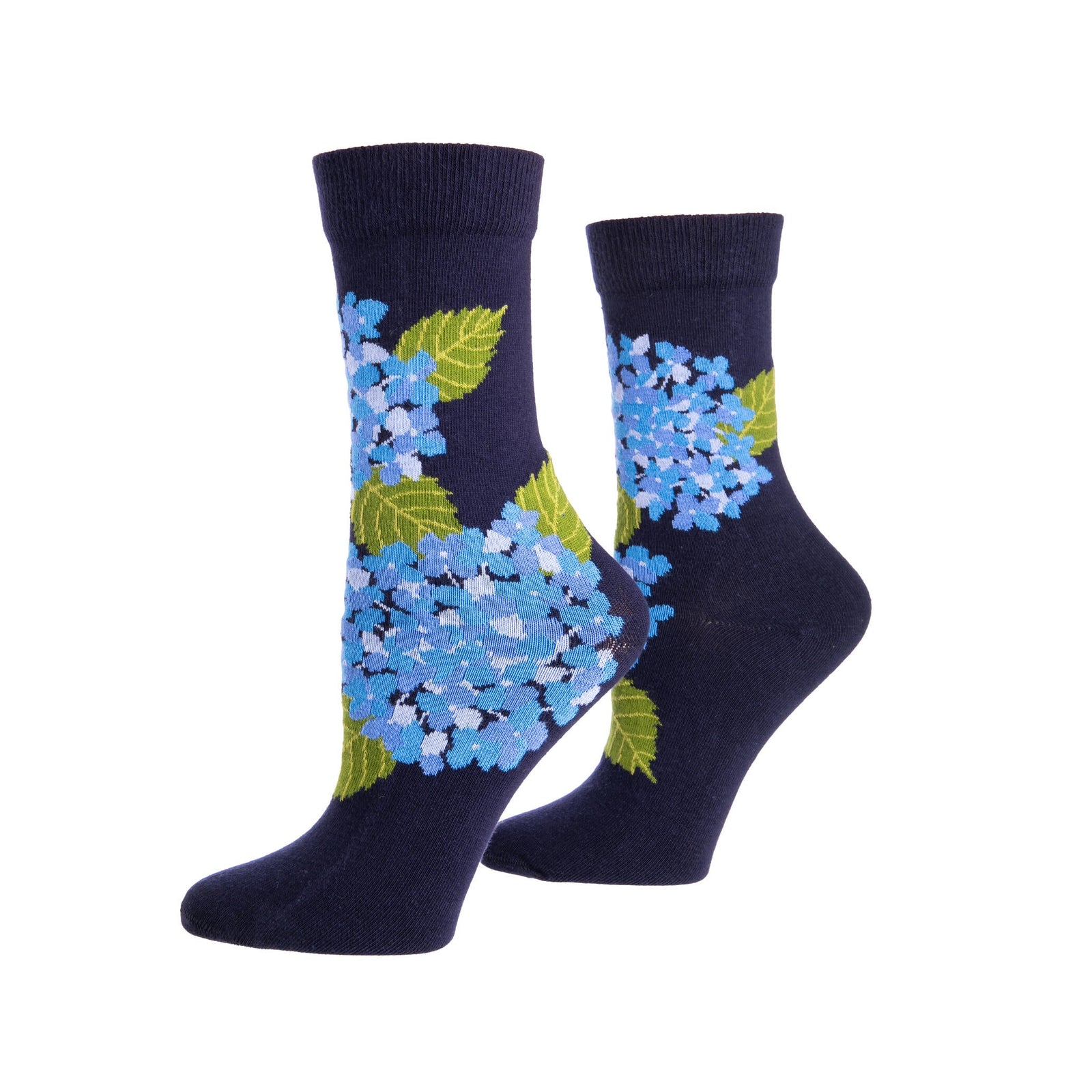 Navy socks with blue floral design on a white background