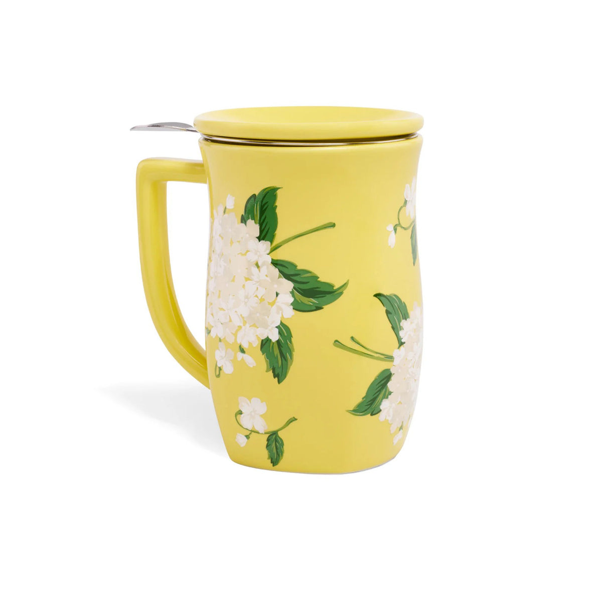 Yellow mug with floral design on a white background