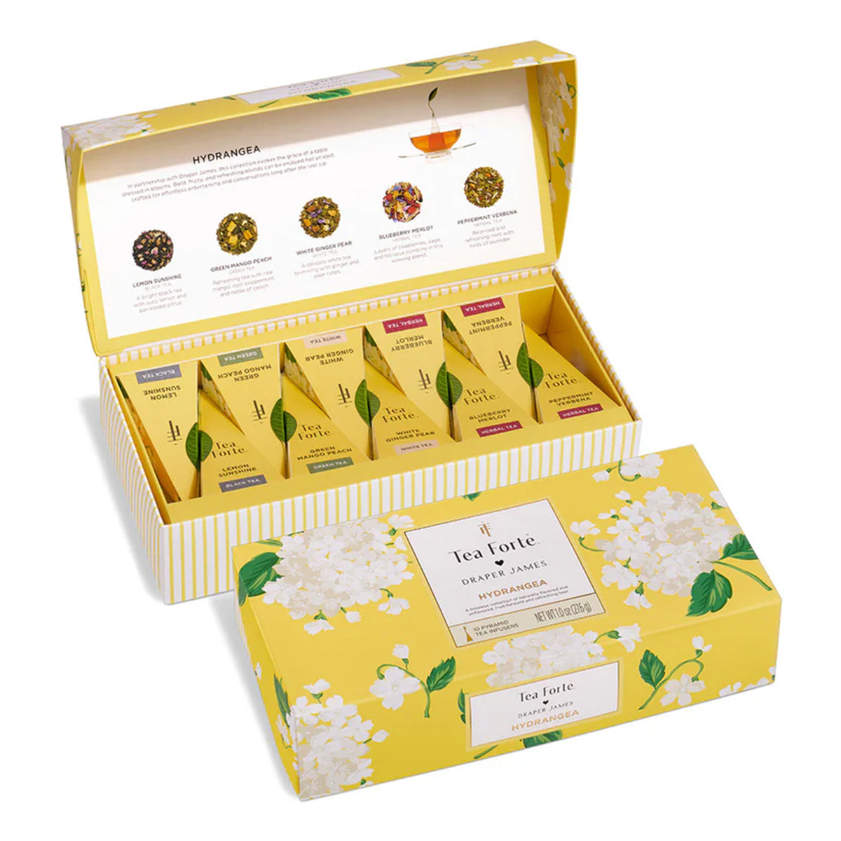 Tea Forte hydrangea tea set with open and closed boxes on a white background