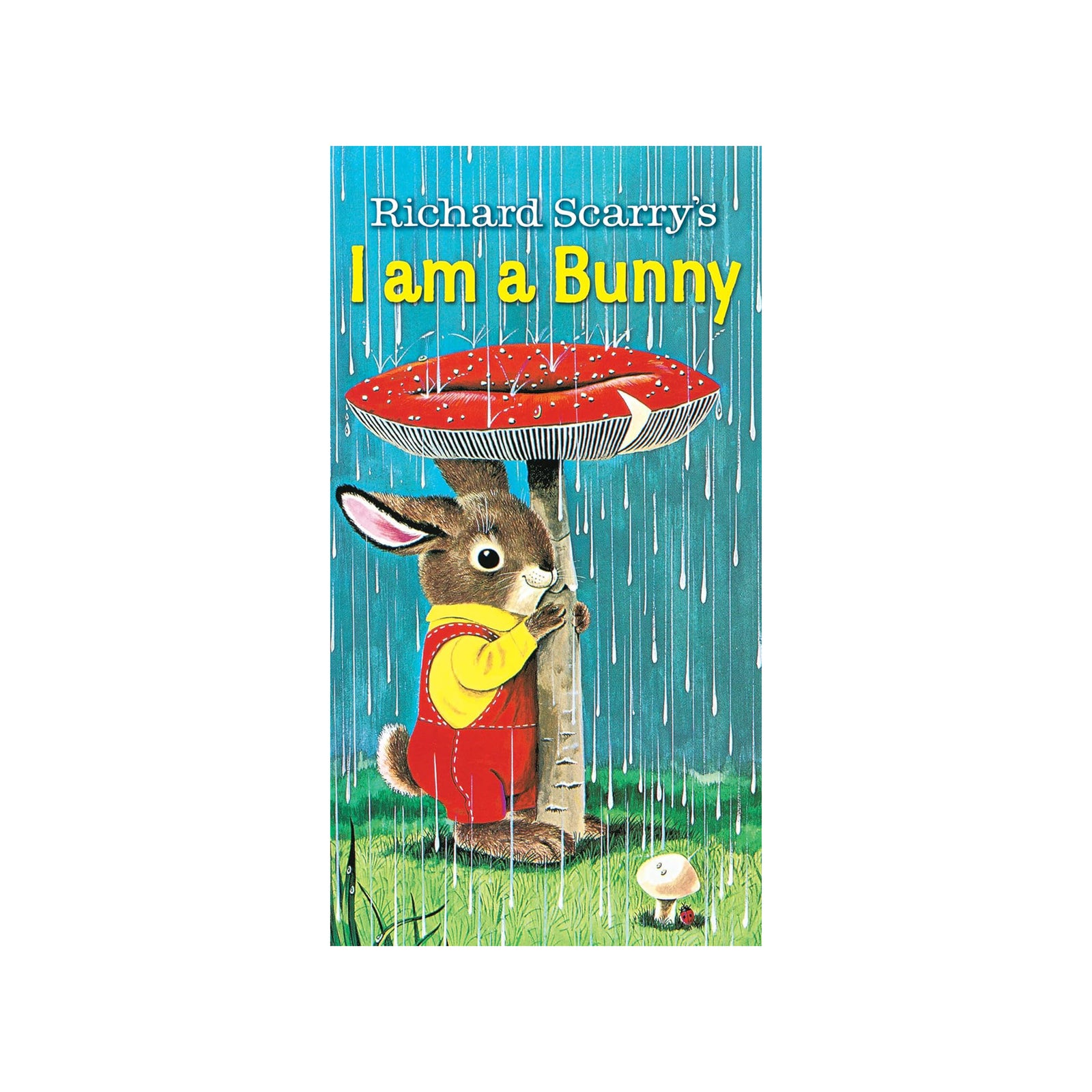 Book cover of 'I am a Bunny' by Richard Scarry with a rabbit holding an umbrella in the rain.