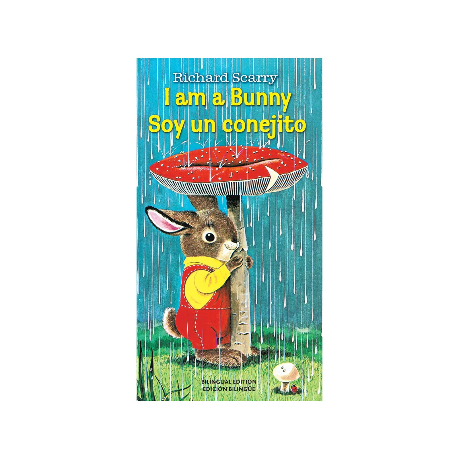 Book cover of 'I am a Bunny' by Richard Scarry with a rabbit holding an umbrella under rain.