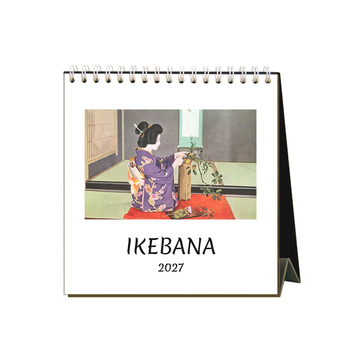 2027 desk calendar with vintage images of Ikebana with a Japanese woman in traditional clothing arranging flowers on a white background