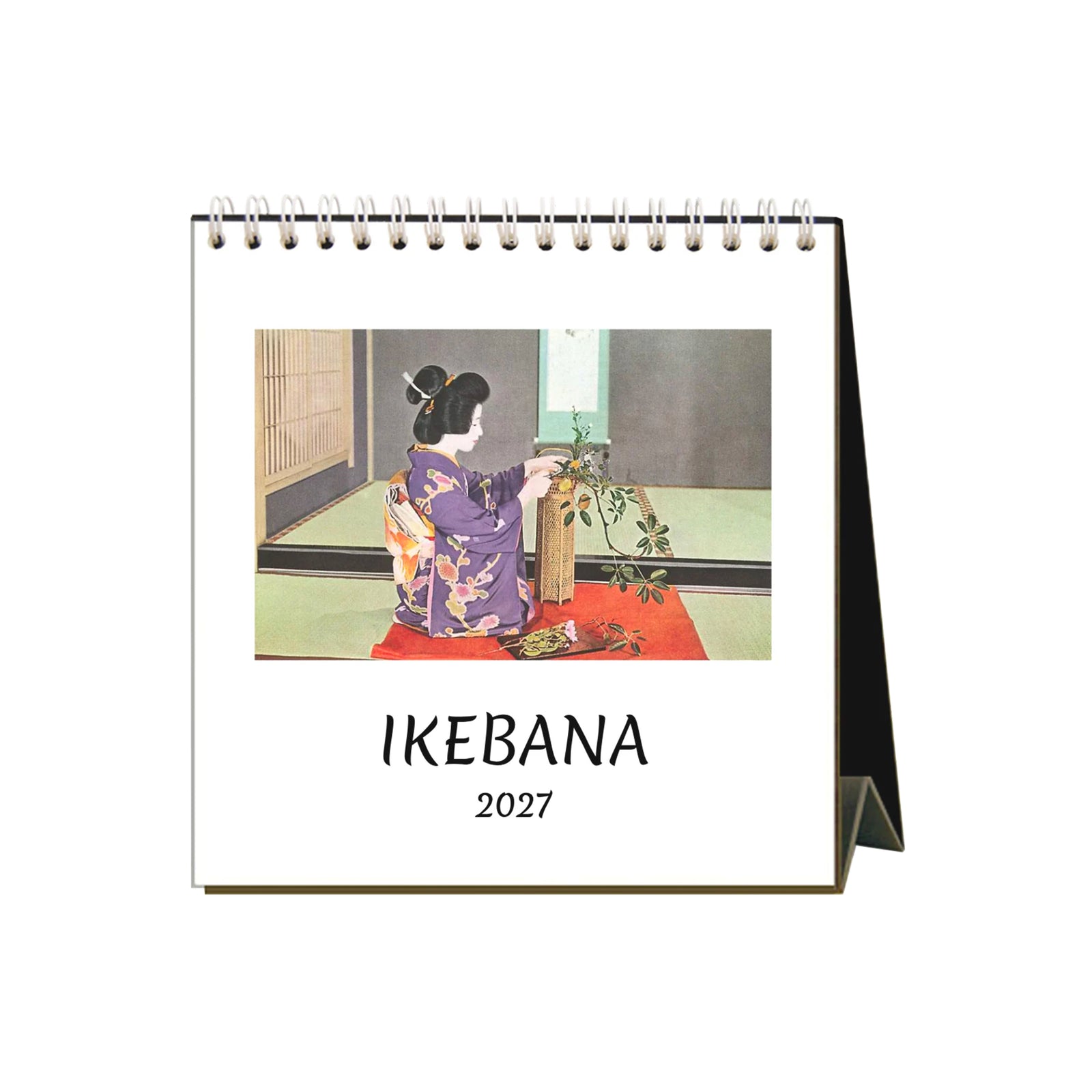 2027 desk calendar with vintage images of Ikebana with a Japanese woman in traditional clothing arranging flowers on a white background