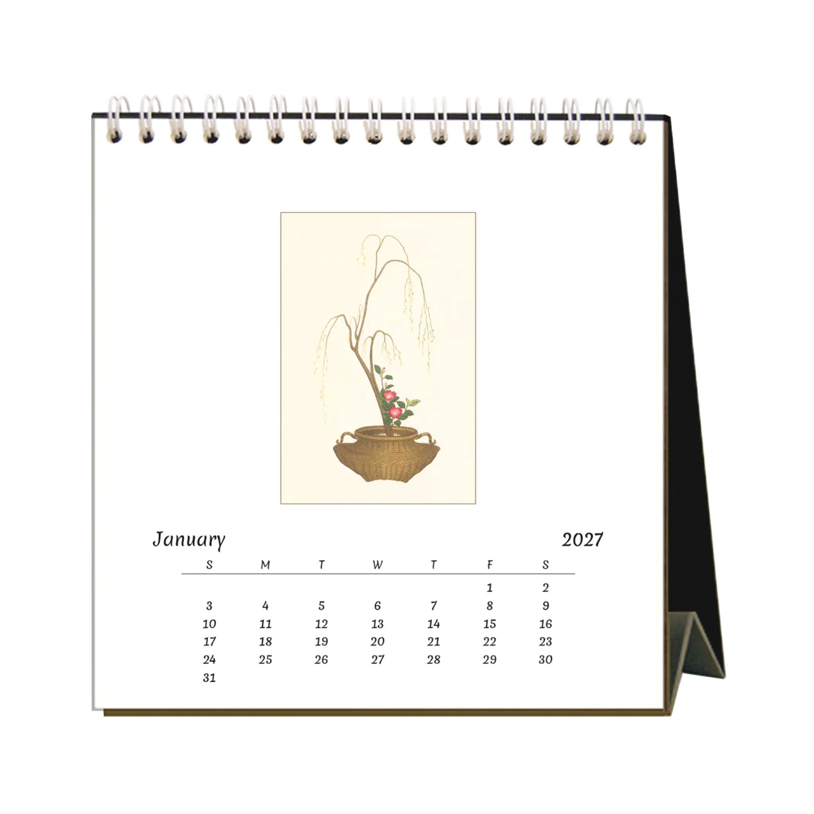 2027 desk calendar with vintage images of Ikebana with a Japanese woman in traditional clothing arranging flowers on a white background